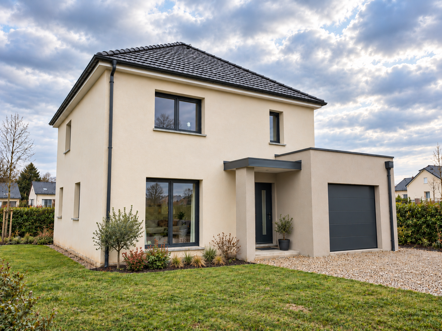 Maison avec jardin paysager et accès aménagés